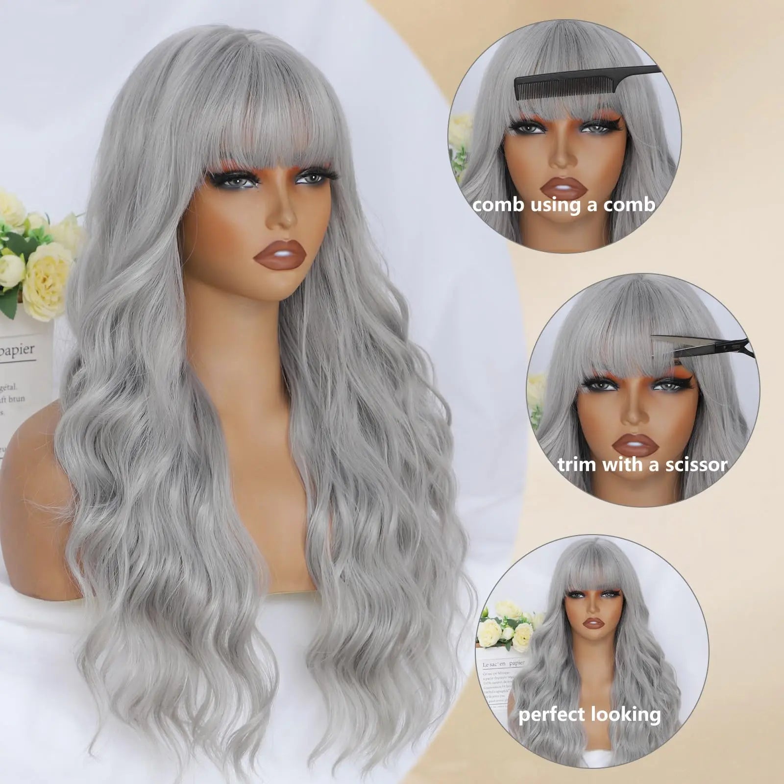 Gray long curly hair style synthetic wig with big waves, Halloween cosplay wigs, daily wig, high-temperature hair fiber wig set