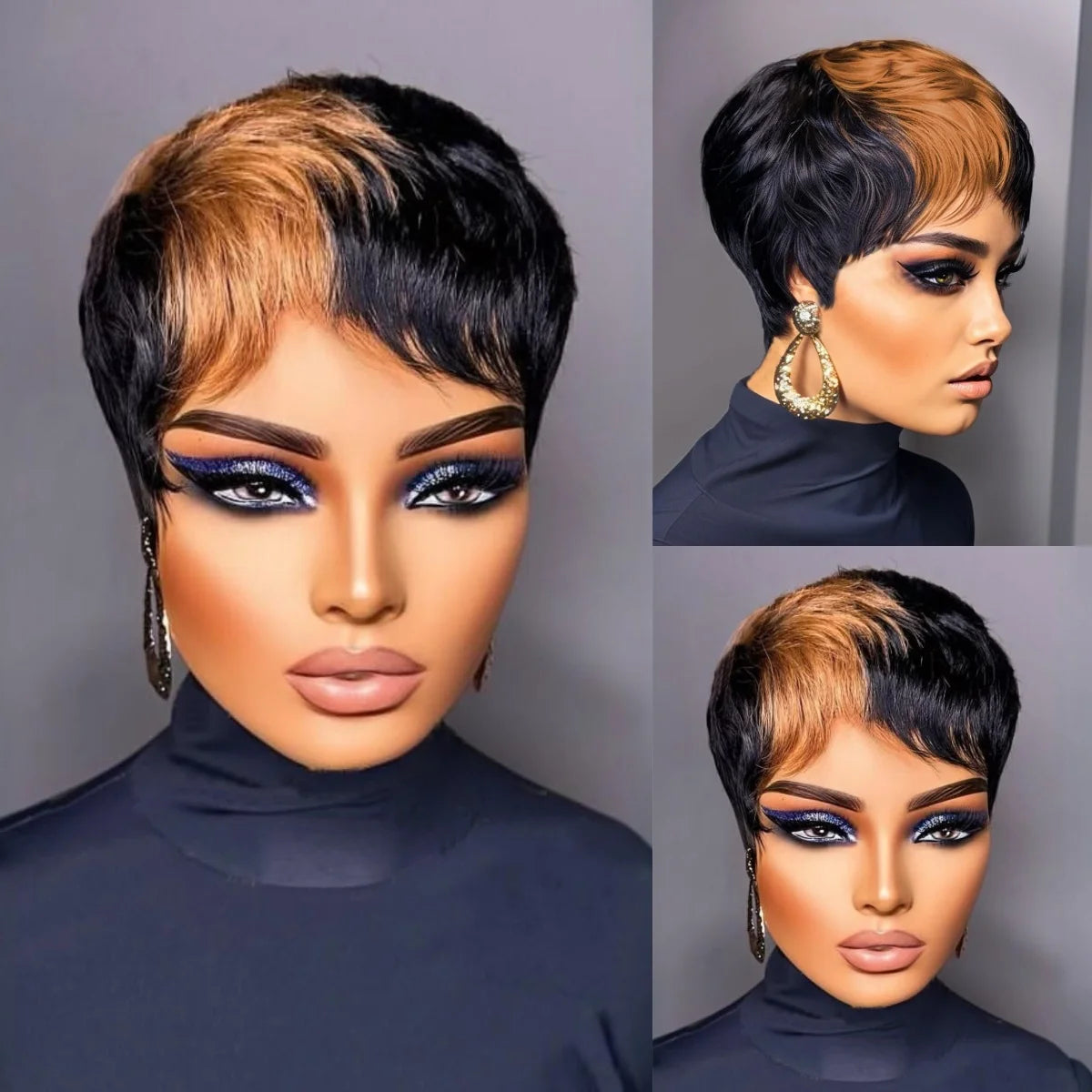 WIGERA Highlight Synthetic Hair Wigs Short Straight  Pixie Cut Hair Bob Wig Honey Gold Mix Black For Woman Daily Use