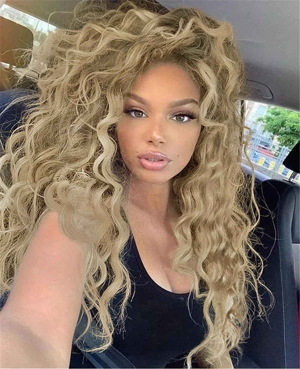 Womens Wig Long Synthetic Hair Ombre Blonde Curly Hair Wigs Female Natural Wavy Drag Queen Regular Wig 80s Gradient Hair Style Wigs for Student