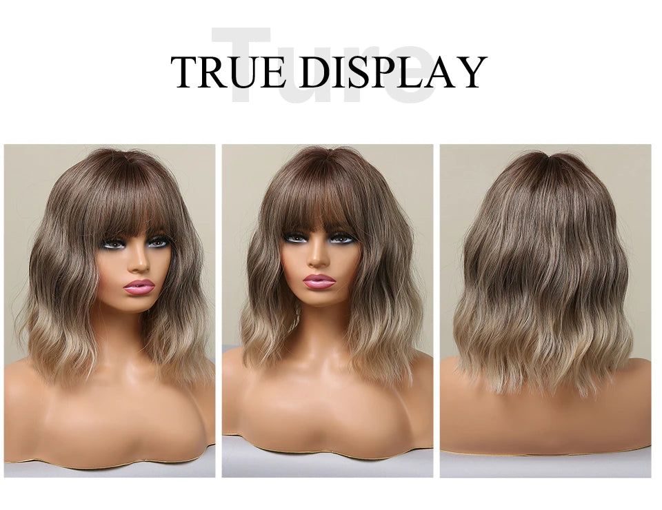 Women Grey Wavy Bob Wigs with Bangs Short Blonde Ombre Synthetic Hair Wigs With with Dark Roots Natural Hair Style for Women Daily Use