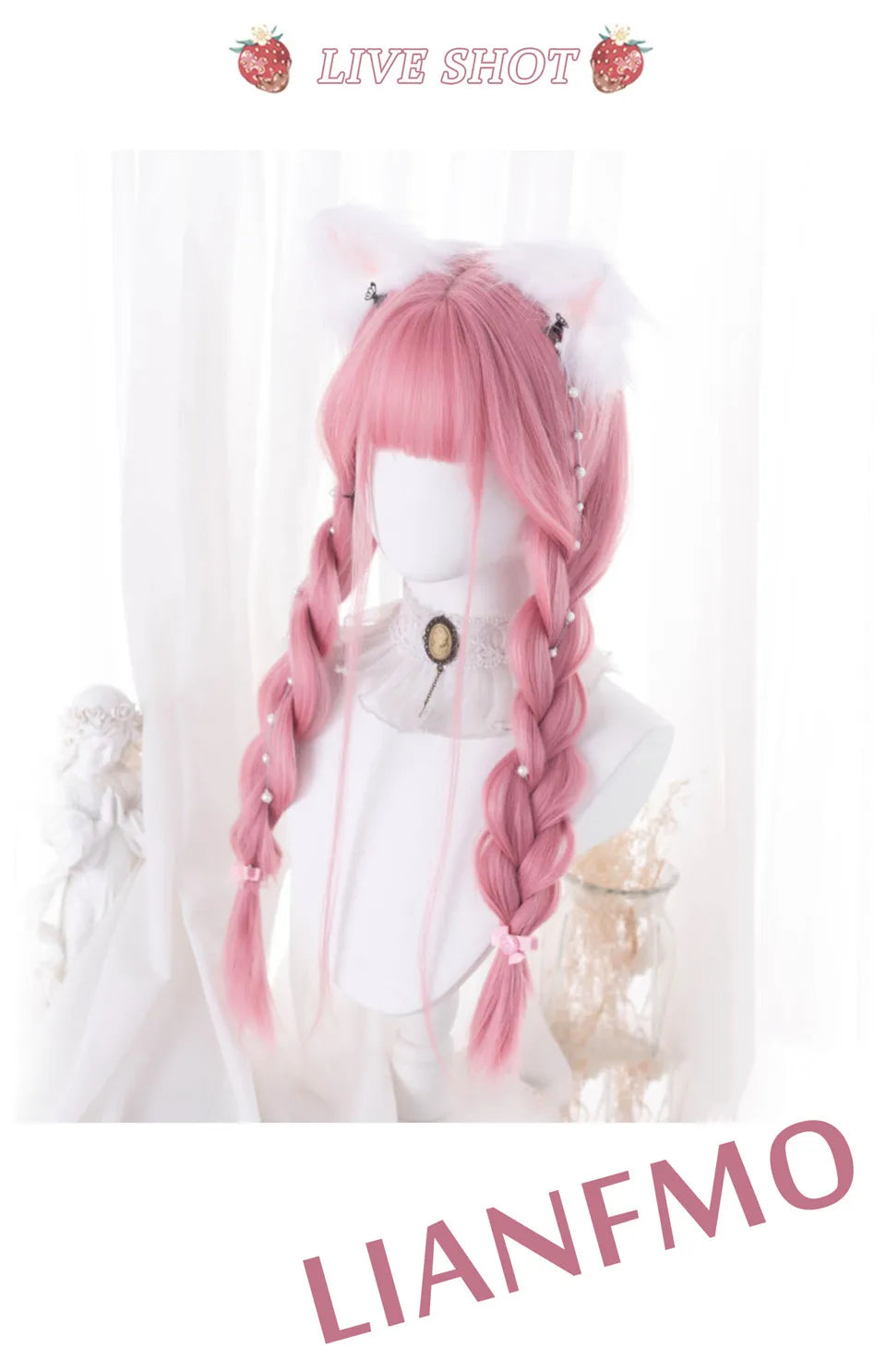 LM Cosplay Wig With Bangs Synthetic Straight Hair Wigs 24 Inch Long Heat-Resistant Pink Hair Style For Women
