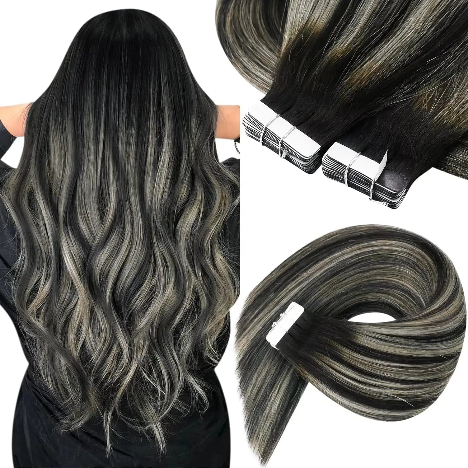 [NEW]VeSunny Tape In Hair Extensions and Accessories Human Hair Wigs Real Natural Hair Balayage Color #4-14-60 Skin Weft Straight Seamless Wig