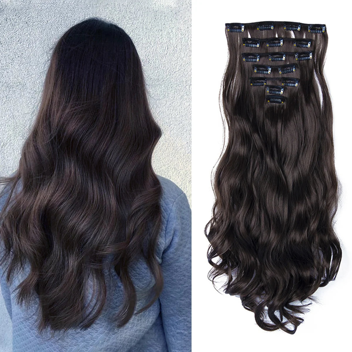 Clip In Wig Hair Extensions 7 PCS Full Head 22 Inch Long Curly Wavy Synthetic Hair Wigs Pieces Natural Wavy For Women Girls Hair Style