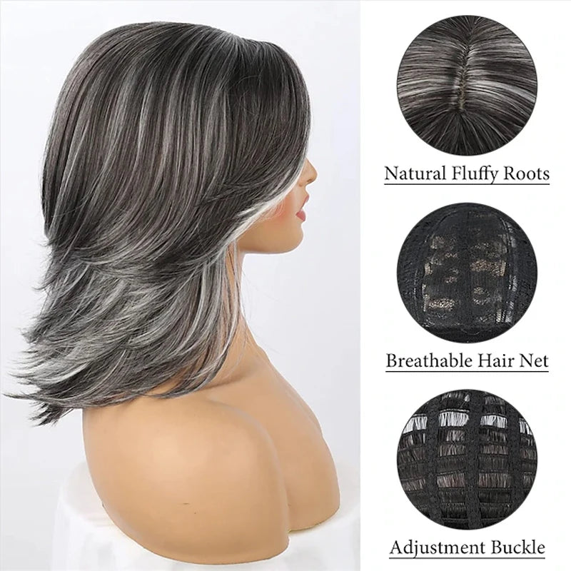 HAIRJOY Dark Gray Ombre Layered Wigs with  Bangs for Black Women Synthetic Hair Style Short Gray Highlight Straight  Layered Bob Wig