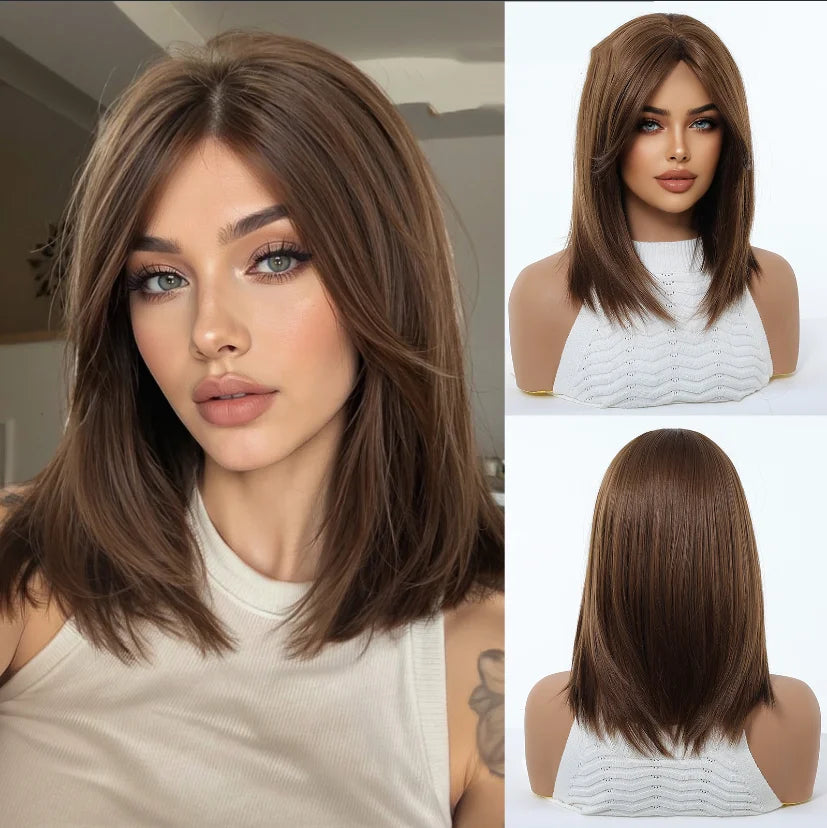 EASIHAIR Short Straight Bob Hair Wigs Synthetic Wig for Women Brown Straight Natural Wigs with Eight Character Daily Cosplay for Women Hair Style