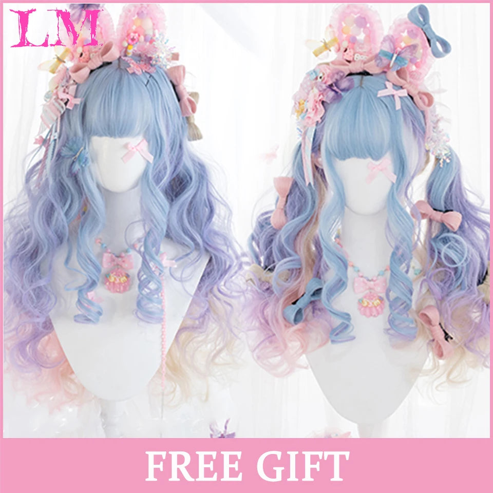 LM Cosplay Wig With Bangs Synthetic Straight Hair Wigs 24 Inch Long Heat-Resistant Pink Hair Style For Women