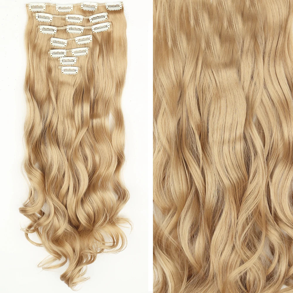 7Pcs/Set 16 Clips Wig Hair Accessories Extension Black Long Straight Natural Hair Wigs Ombre Hairpiece Heat Resistant Fiber For Women Hair Style