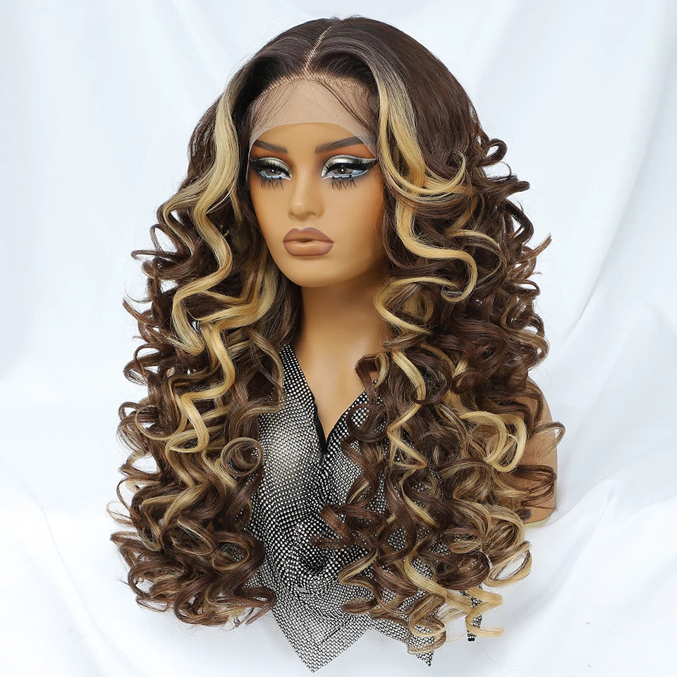 Latisha HD Synthetic Lace Front Wigs Curly Pre Plucked Lace Frontal Wig with Bangs for Women Highlight with Babyhair 24Inch Wigs