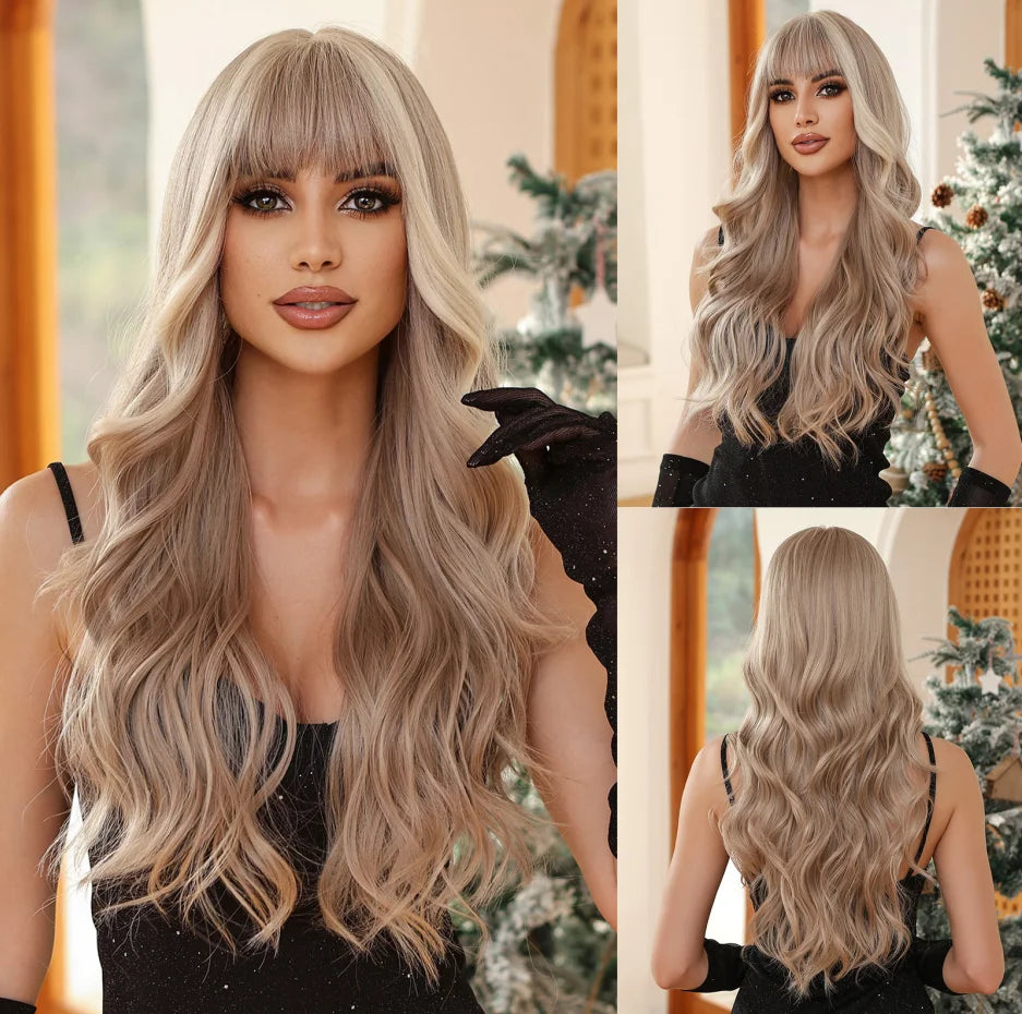 28 Inch Long Curly Wig With Bangs Ombre Brown Hair Style Wigs For Women Highlight Blonde Synthetic Wig For Daily Party Heat Resistant