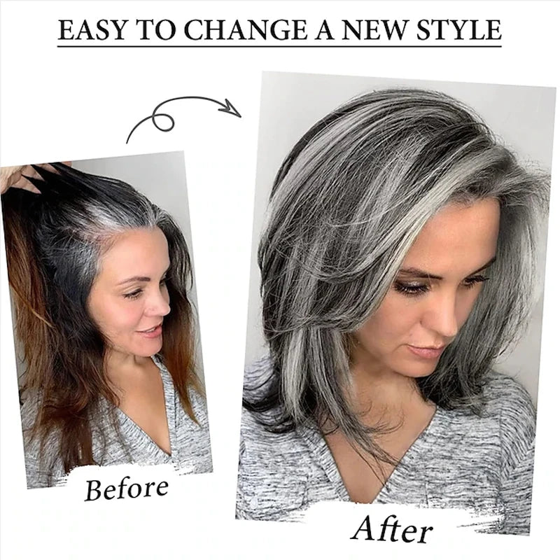 HAIRJOY Dark Gray Ombre Layered Wigs with  Bangs for Black Women Synthetic Hair Style Short Gray Highlight Straight  Layered Bob Wig