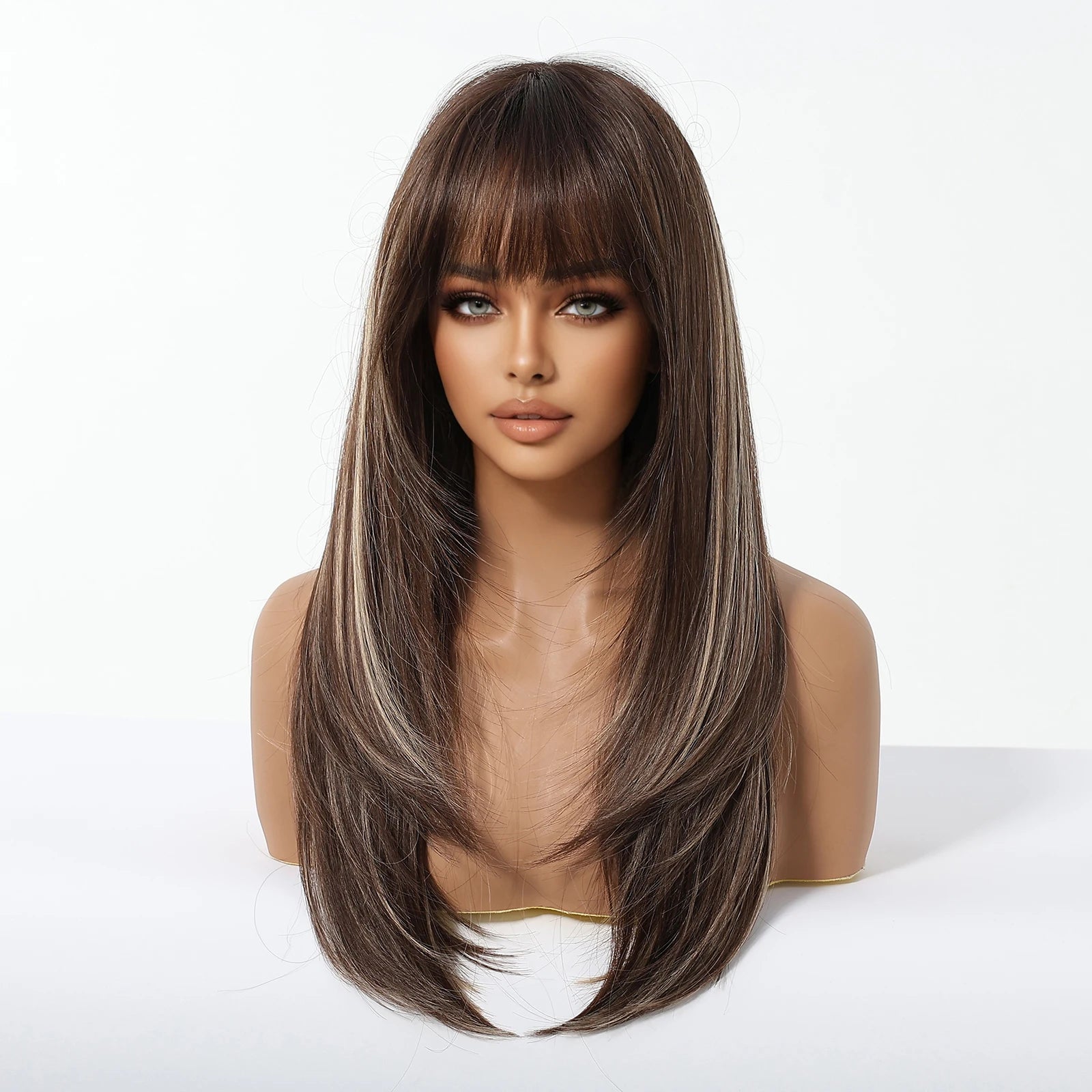 ALAN EATON Long Brown Highlight Synthetic Wig Layered Straight Hair Style Wigs Realistic Fake Hair for Daily Wear High Temperature Wigs