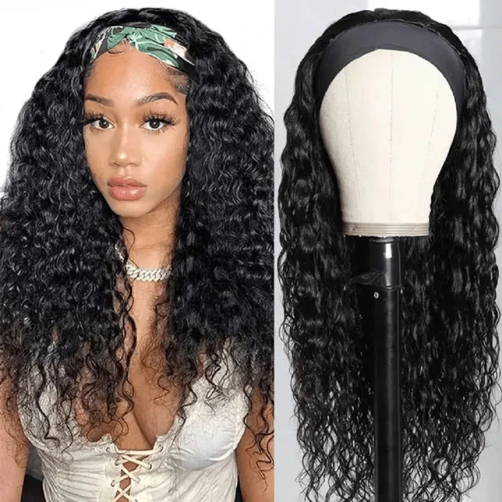 250% Density Headband Wigs Human Hair For Women Deep Water Wave Natural Color Deep Wave Glueless Human Hair Wig  Human Hair
