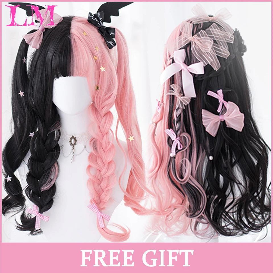 LM Cosplay Wig With Bangs Synthetic Straight Hair Wigs 24 Inch Long Heat-Resistant Pink Hair Style For Women