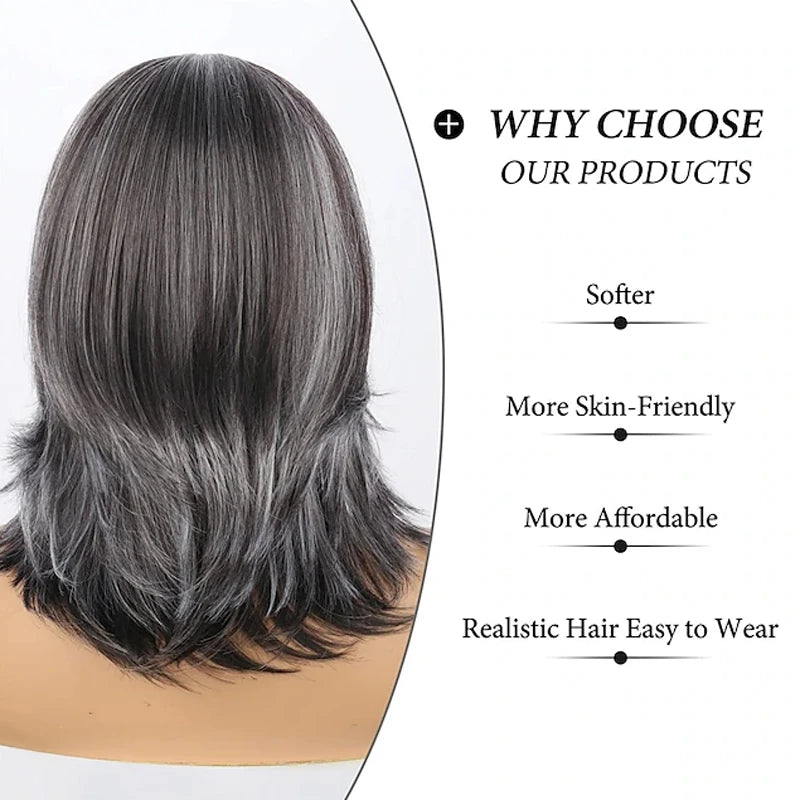 HAIRJOY Dark Gray Ombre Layered Wigs with  Bangs for Black Women Synthetic Hair Style Short Gray Highlight Straight  Layered Bob Wig