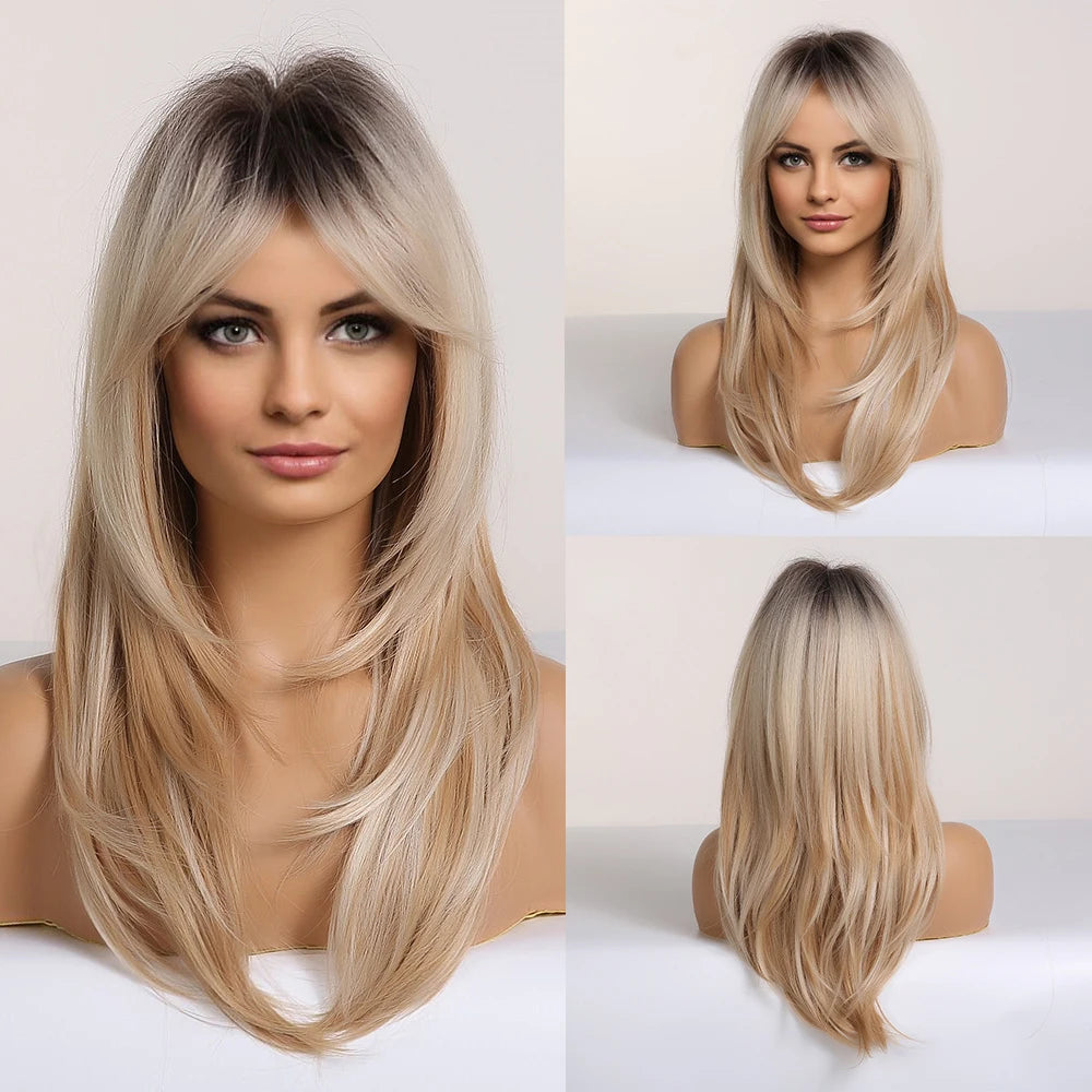ALAN EATON Long Blonde Wig for Women Synthetic Hair Wigs with Fringe Ombre Color with Dark Roots Layered We Heat Resistant Hair Style