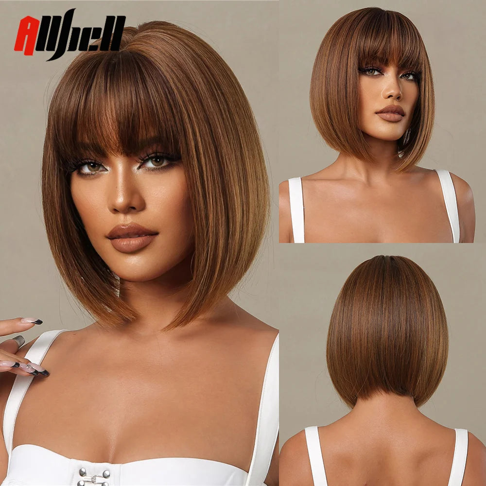 Medium Length Chestnut Brown Synthetic Wigs Hair Middle Part Wine Red Highlights Straight Wig Heat Resistant for Women Party Cosplay