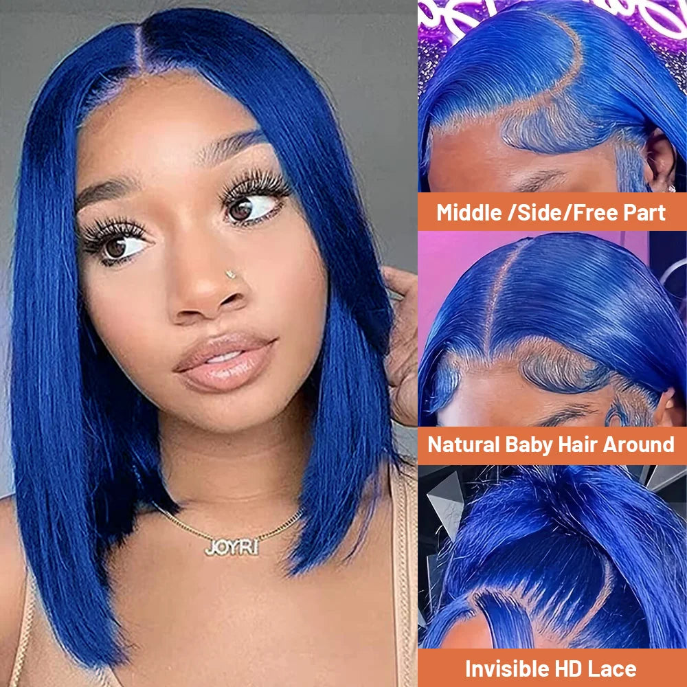 Brazilian Hair Wigs Straight Navy Blue Bob Human Hair Wig 180 Density 13x4 HD Lace Frontal Wigs On Clearance Sale For Black Women Hair Style