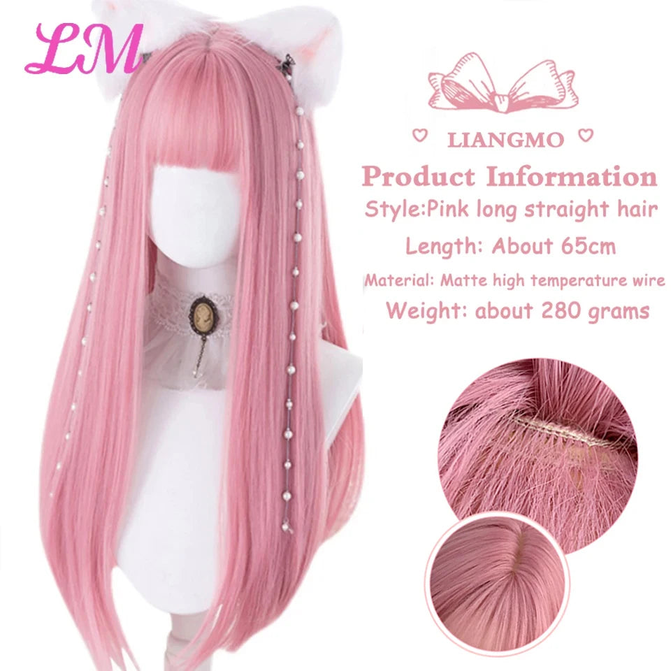 LM Cosplay Wig With Bangs Synthetic Straight Hair Wigs 24 Inch Long Heat-Resistant Pink Hair Style For Women