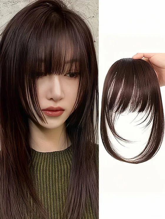 Synthetic Wigs Hair Clip-In Bangs Cut Wispy Fringe with Sideburns Dark Brown Natural Look for Women Wig Daily Party Wear