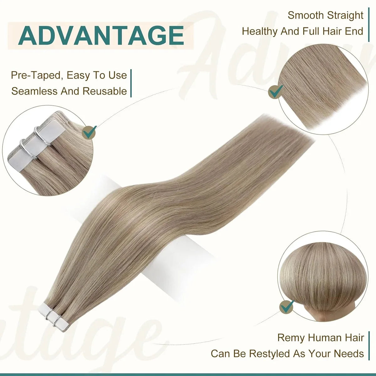 Invisible Tape in Wig, Hair Wigs Extensions Real Remy Hair Extensions and Accessories for Women Ash Blond mixed Platinum Blond Straight Wig Hairpieces