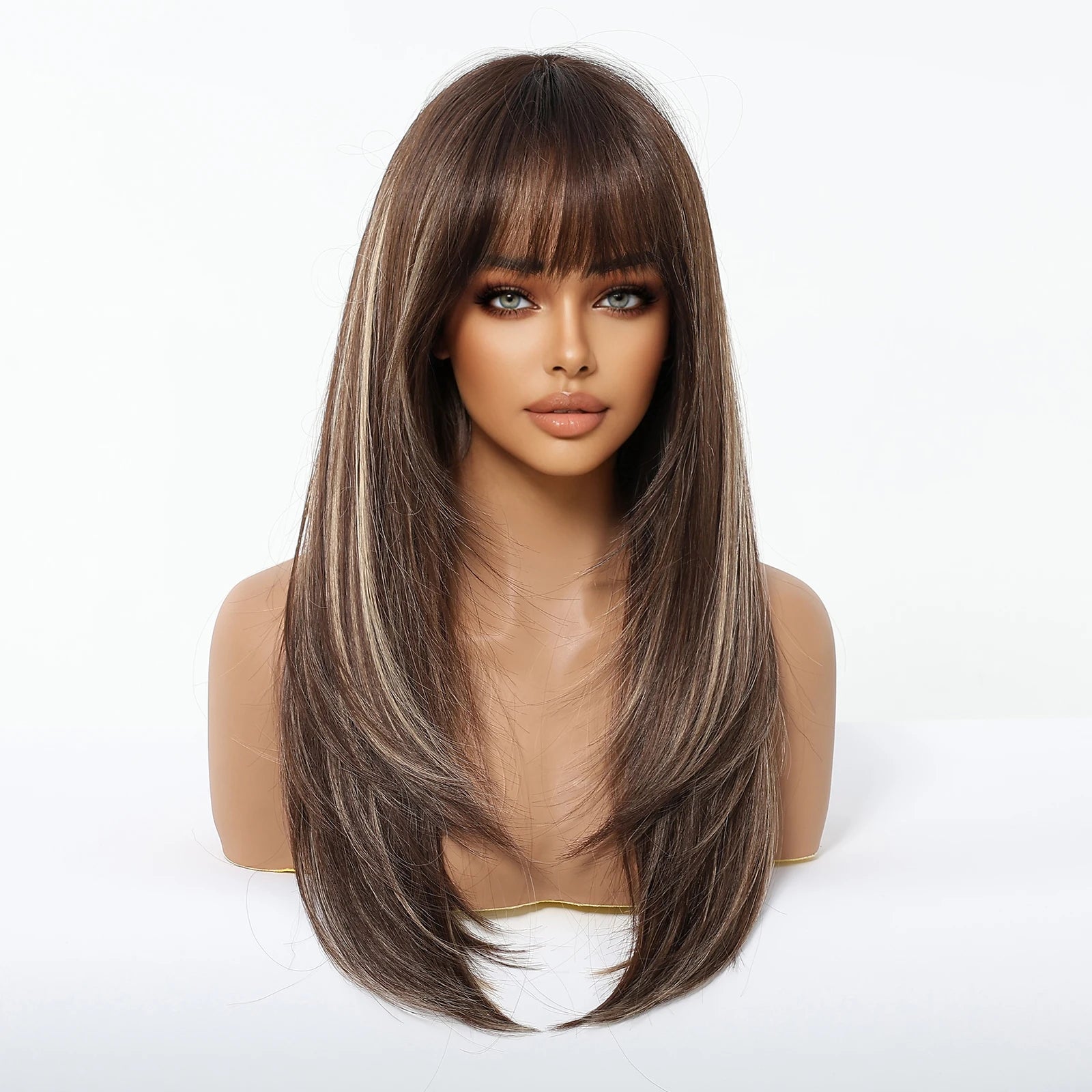 ALAN EATON Long Brown Highlight Synthetic Wig Layered Straight Hair Style Wigs Realistic Fake Hair for Daily Wear High Temperature Wigs