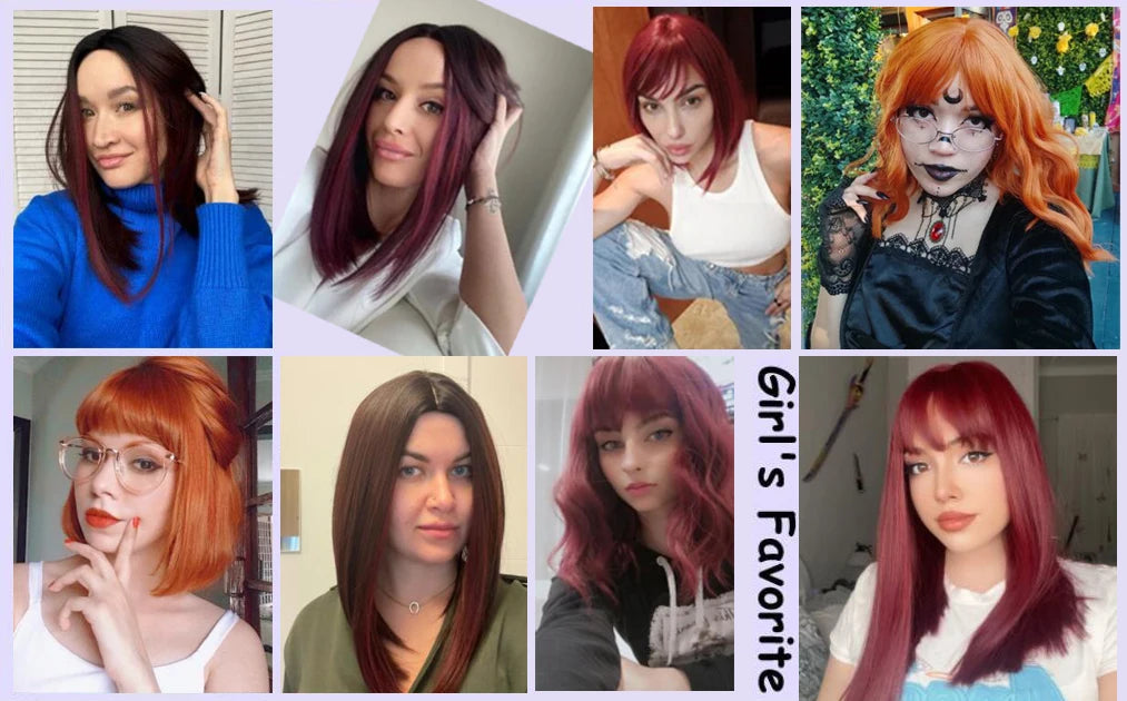 Medium Length Chestnut Brown Synthetic Wigs Hair Middle Part Wine Red Highlights Straight Wig Heat Resistant for Women Party Cosplay