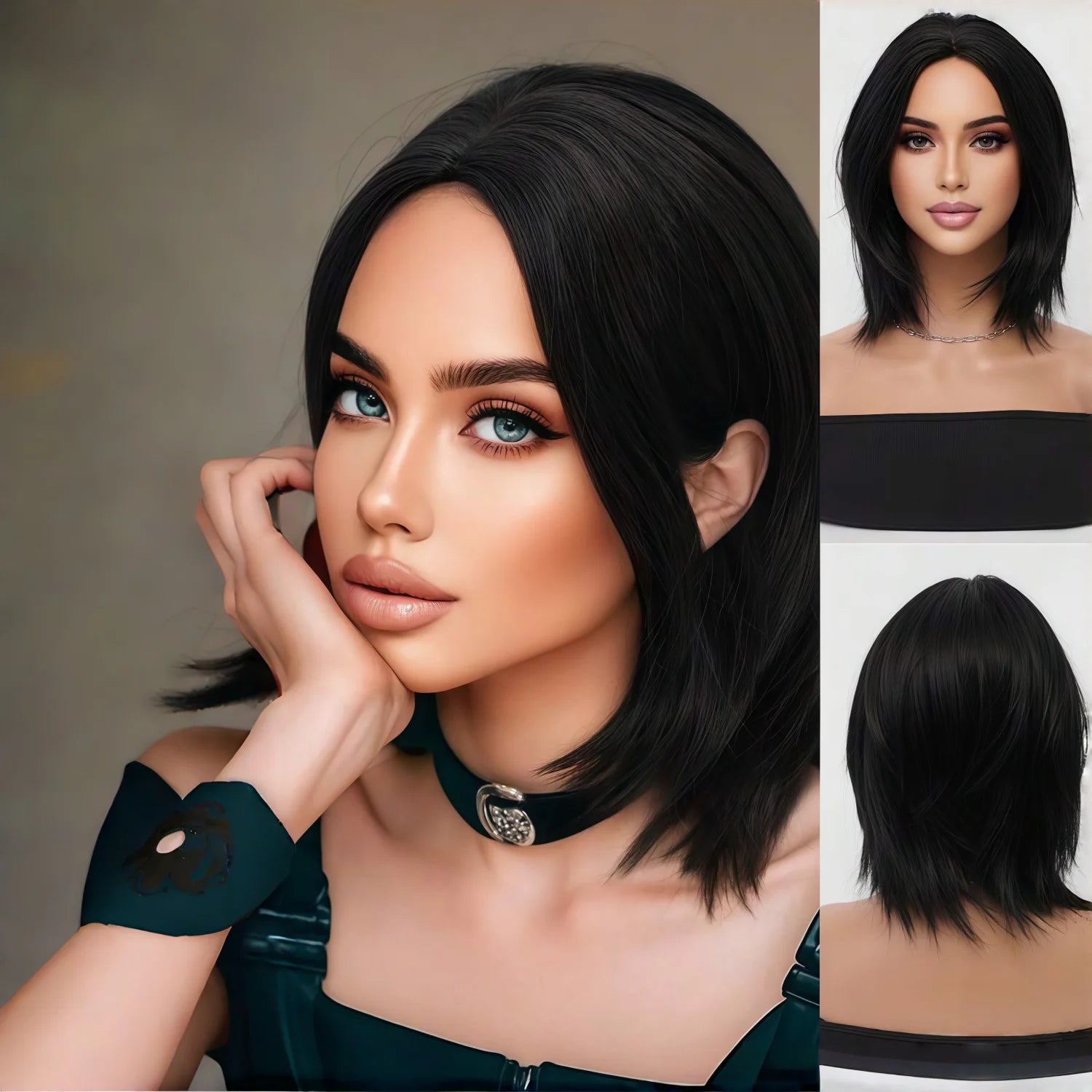 Natural black medium split short wigs Bob shoulder length wig 14 inch layered thin breathable synthetic fiber heat-resistant wigs