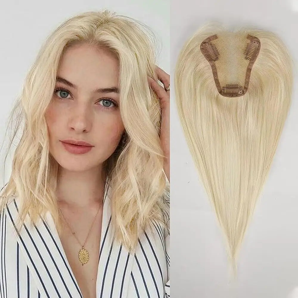 Blonde Ombre 100% Remy Human Hair Toppers Clips In Hair Lace Base Topper Hairpieces for Women Hair Extensions 12 Inch Straight