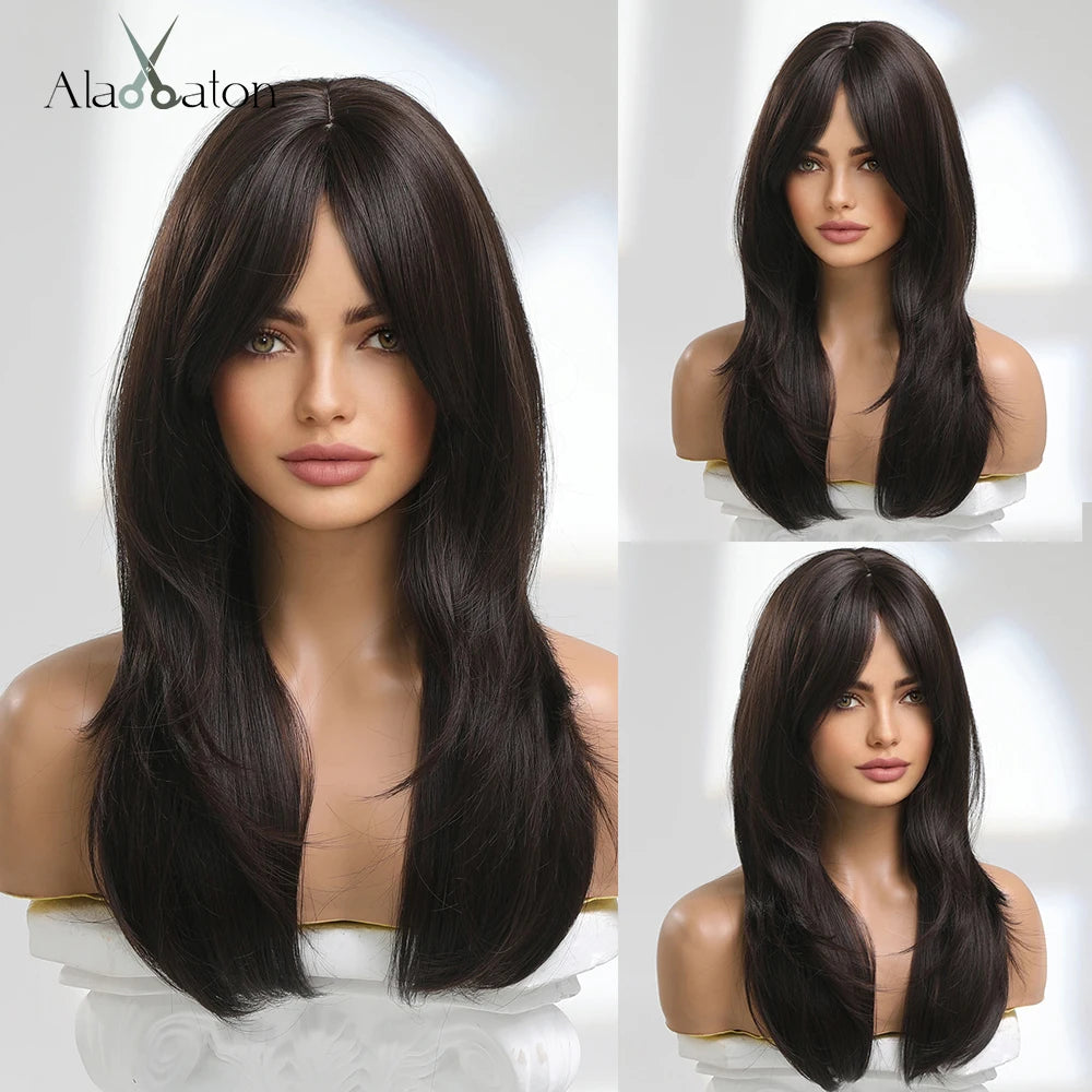 ALAN EATON Long Blonde Wig for Women Synthetic Hair Wigs with Fringe Ombre Color with Dark Roots Layered We Heat Resistant Hair Style