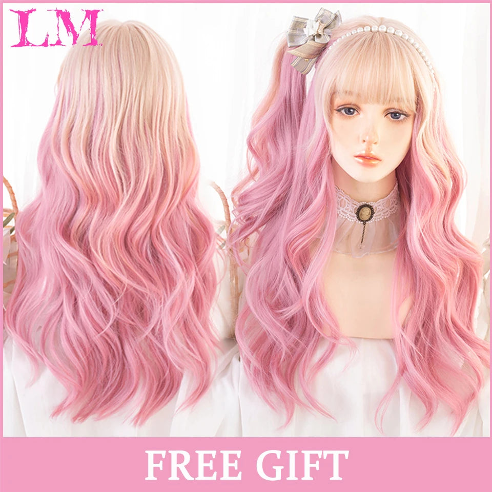 LM Cosplay Wig With Bangs Synthetic Straight Hair Wigs 24 Inch Long Heat-Resistant Pink Hair Style For Women