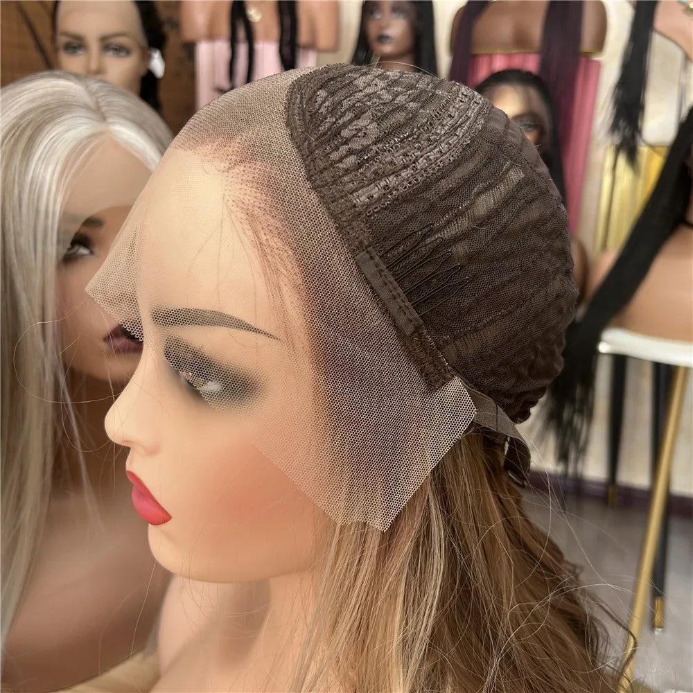 High Heat Fibre Realistic Lace Top Wig Warm Blonde Highlights HD Lace Front Hair Style Wigs for Women Hair Loss 13x4 Glueless Long Wavy Wigs