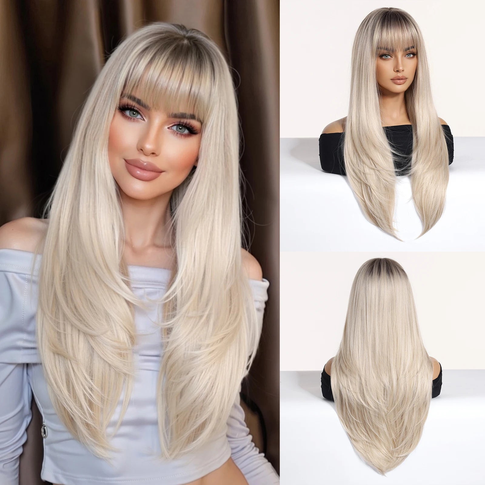 ALAN EATON Long Brown Highlight Synthetic Wig Layered Straight Hair Style Wigs Realistic Fake Hair for Daily Wear High Temperature Wigs