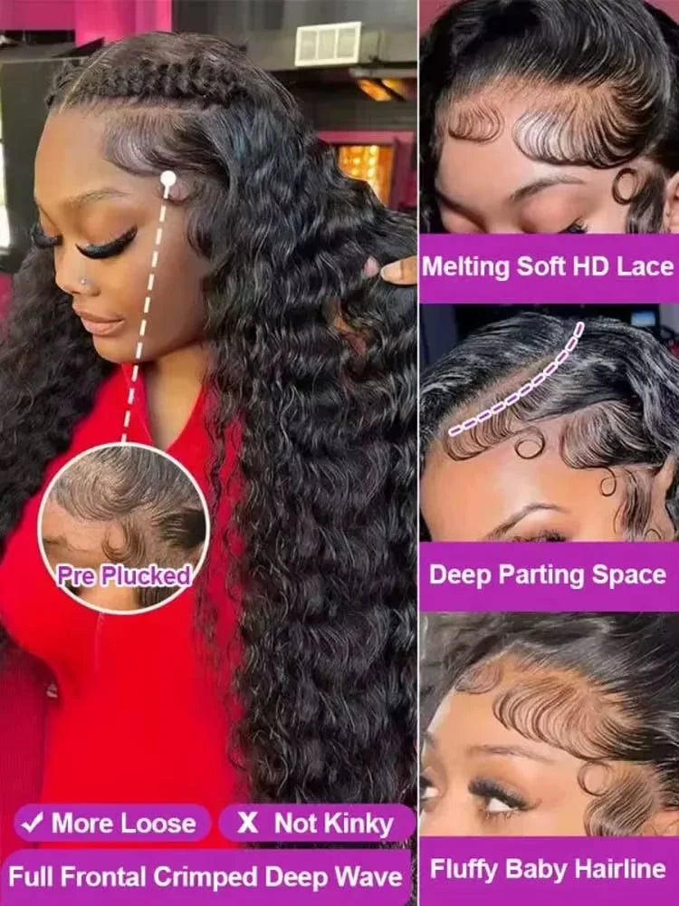13x6 Wig Glueless 250 Density Brazilian Deep Wave Curly Hair Style Wigs HD Lace Frontal 100% Human Hair Wigs For Women Preplucked Best Hair Water Wig