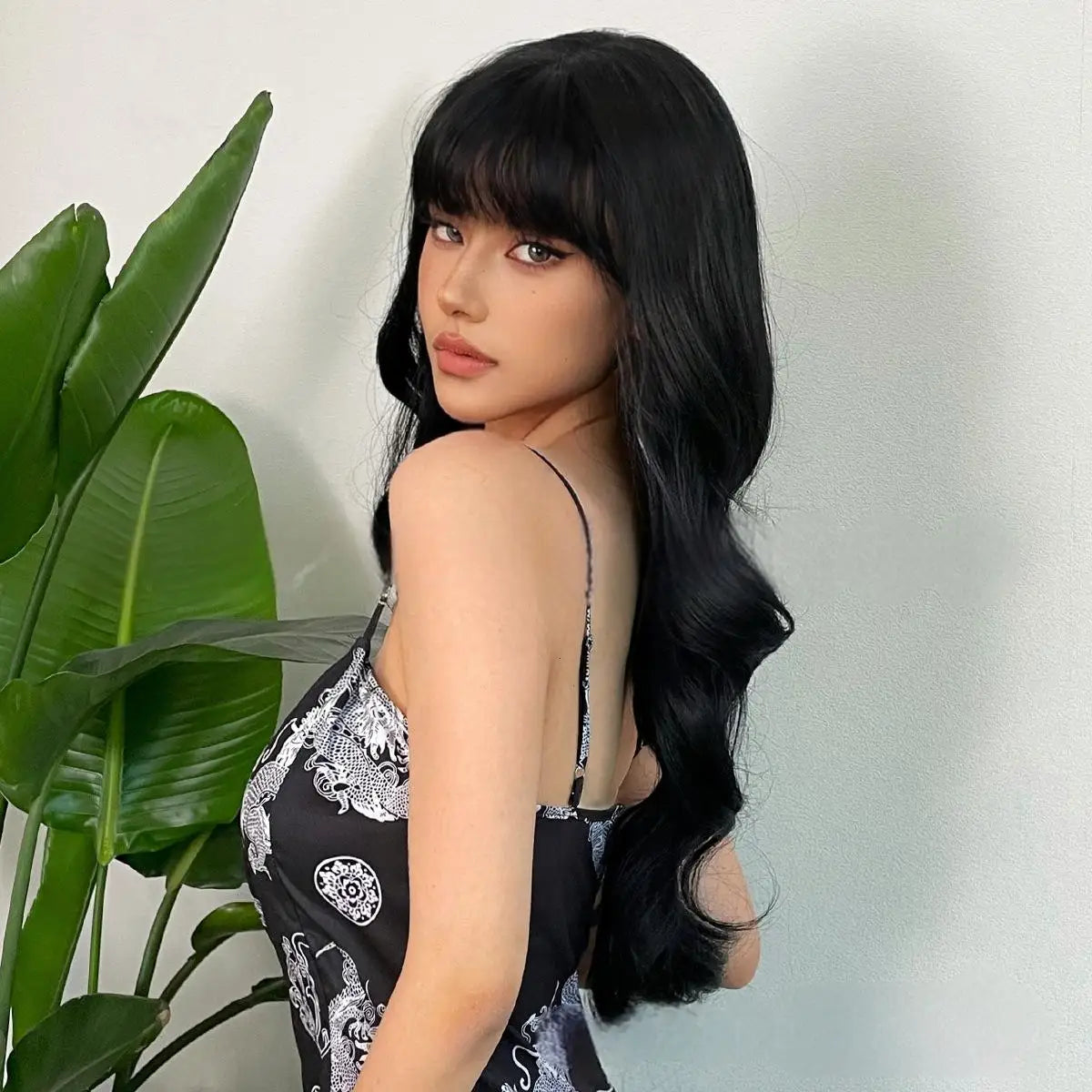 New wine red synthetic wig with bangs big waves long curly hair daily holiday wigs high temperature silk full head cover