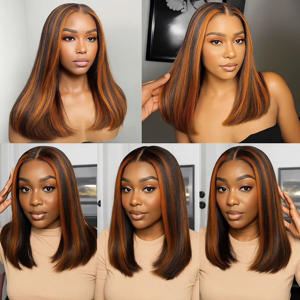 Highlight Colored 13x4 Lace Frontal Wig Silky Straight Human Hair Style Wigs Front Short Bob Wigs Pre Cut Glueless Straight Bob Wigs
