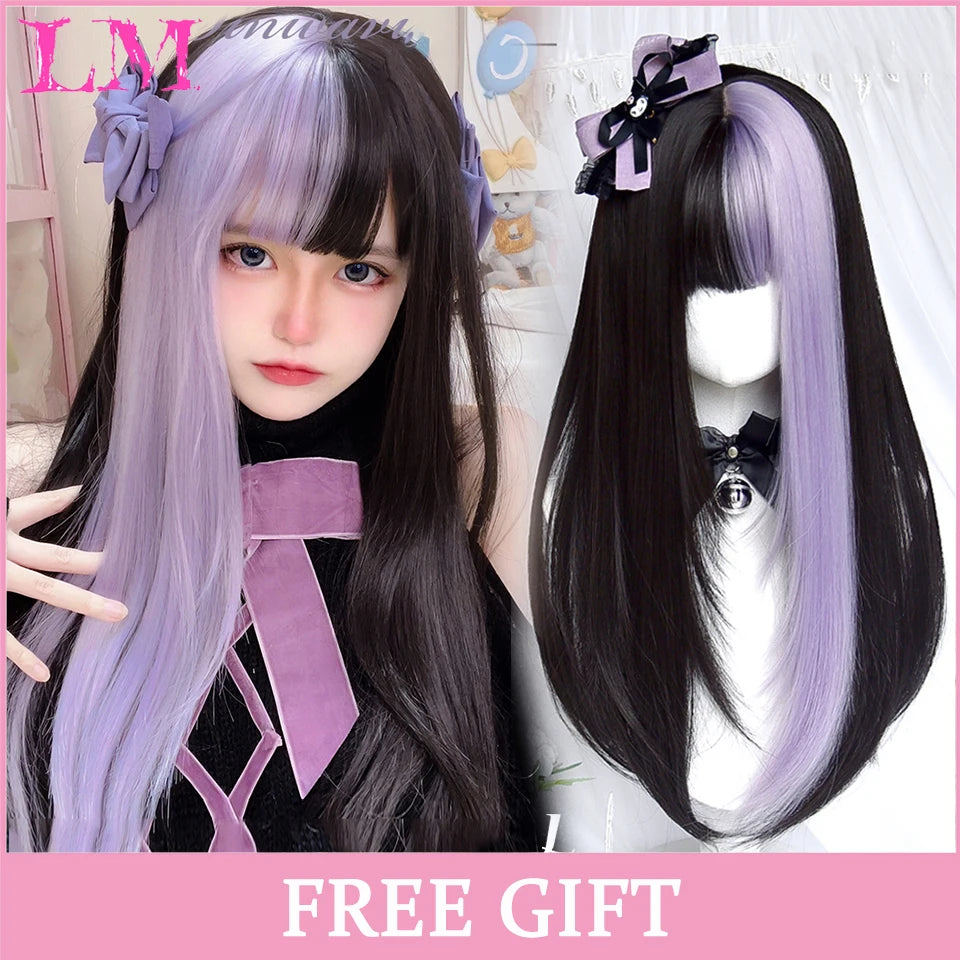 LM Cosplay Wig With Bangs Synthetic Straight Hair Wigs 24 Inch Long Heat-Resistant Pink Hair Style For Women