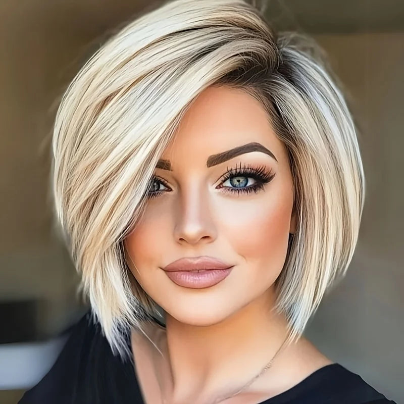 Deep root gradient white side-divided bob elf cut synthetic chemical fiber Wig, suitable for daily outfits Hair Wigs and Hair Style