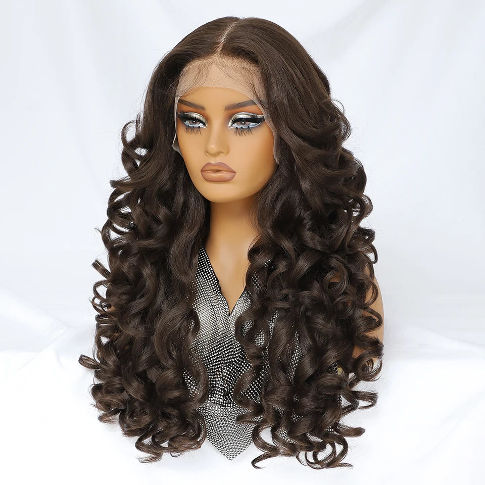 Latisha HD Synthetic Lace Front Wigs Curly Pre Plucked Lace Frontal Wig with Bangs for Women Highlight with Babyhair 24Inch Wigs