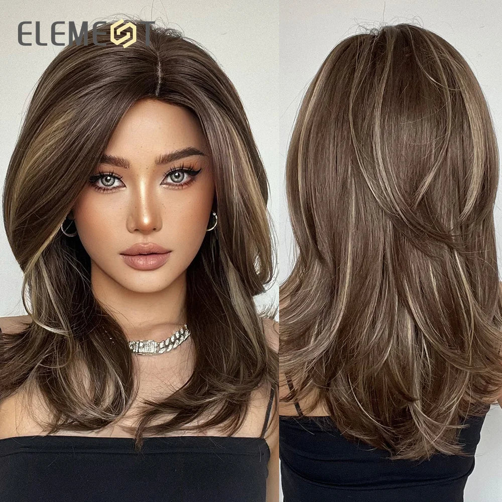 ELEMENT Synthetic Wig Medium Wavy Hair Brown Mixed Blonde Wigs for Women Daily Party Cool Heat Resistant Breathable Headband, Hair style