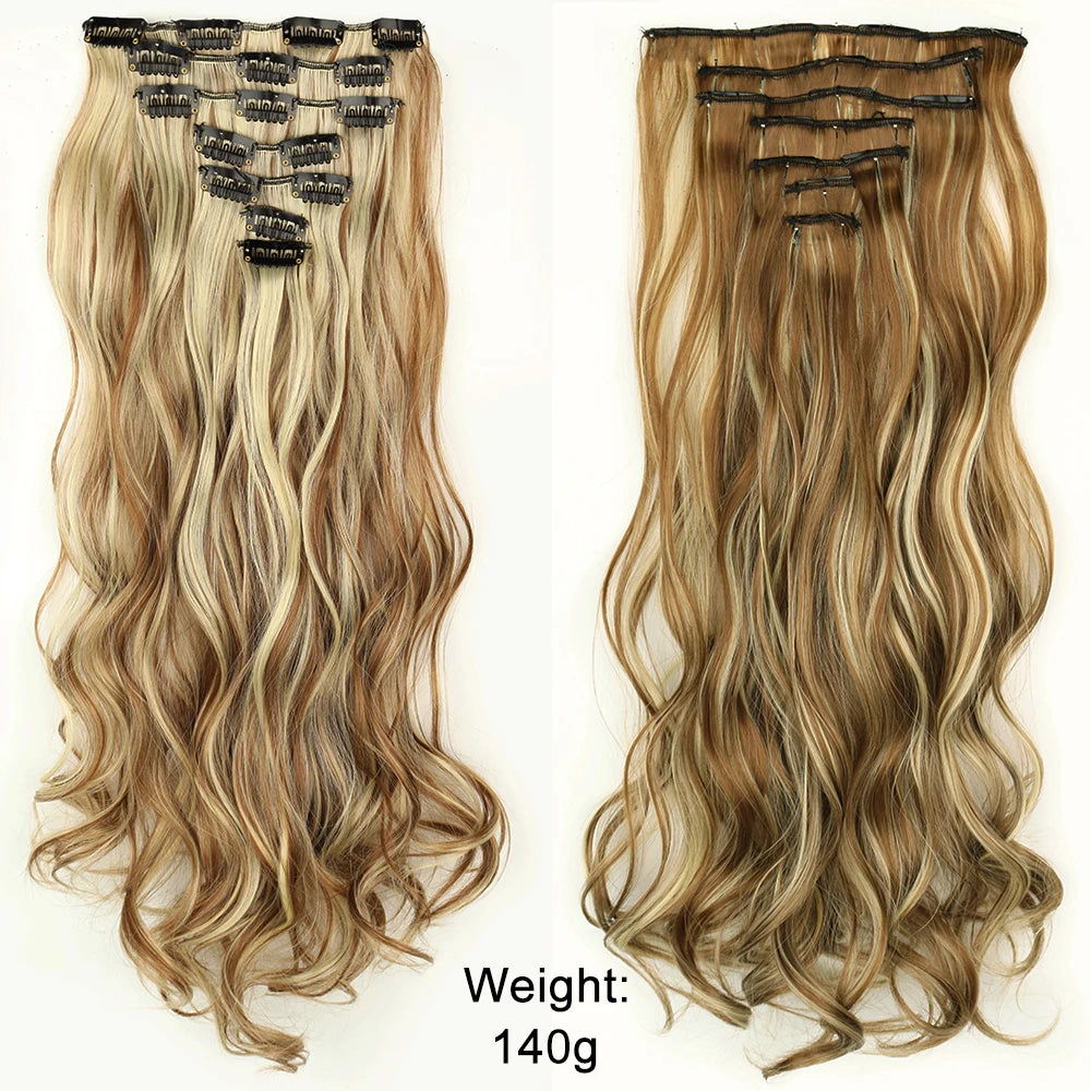 7Pcs/Set 16 Clips Wig Hair Accessories Extension Black Long Straight Natural Hair Wigs Ombre Hairpiece Heat Resistant Fiber For Women Hair Style