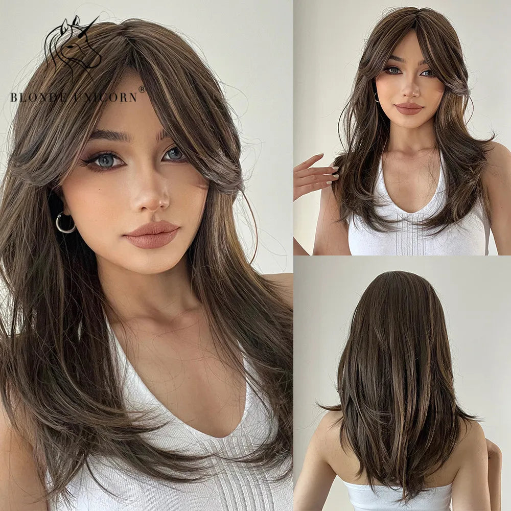 Blonde Unicorn Synthetic Medium Long Straight Brown Blonde Wig For Women Cosplay Daily Party Wigs Heat Resistant False Hair Style