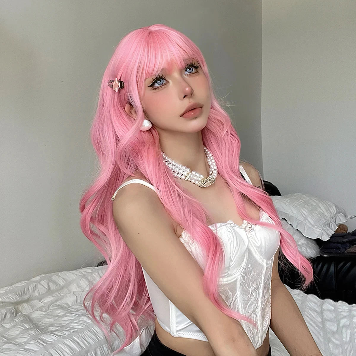 Pink synthetic wig with big waves for Halloween party, cosplay wigs, daily wig, high-temperature hair accessory wig set