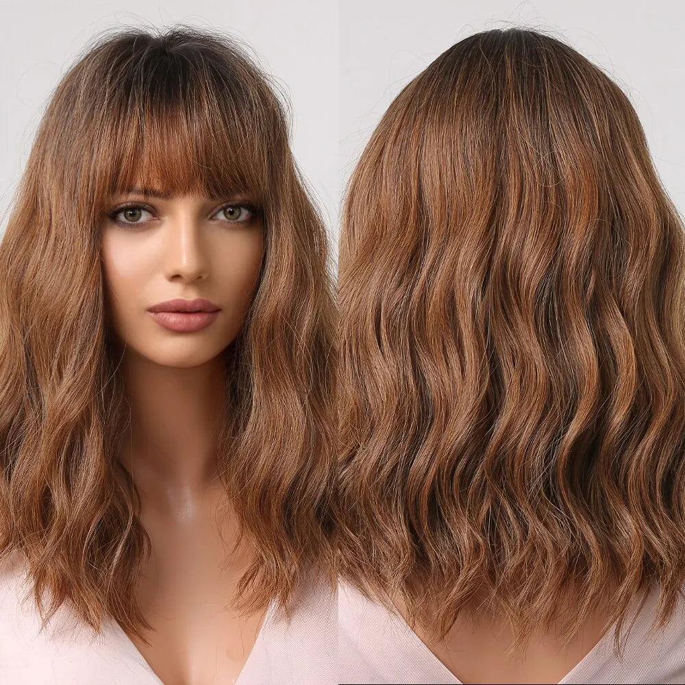 Women Grey Wavy Bob Wigs with Bangs Short Blonde Ombre Synthetic Hair Wigs With with Dark Roots Natural Hair Style for Women Daily Use