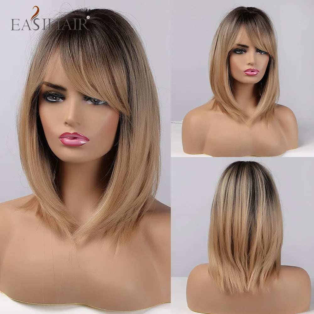 EASIHAIR Synthetic Bob Wig with Bang Short Straight Light Blonde Beige Natural Wigs Hair for Women Daily Cosplay Heat Resistant