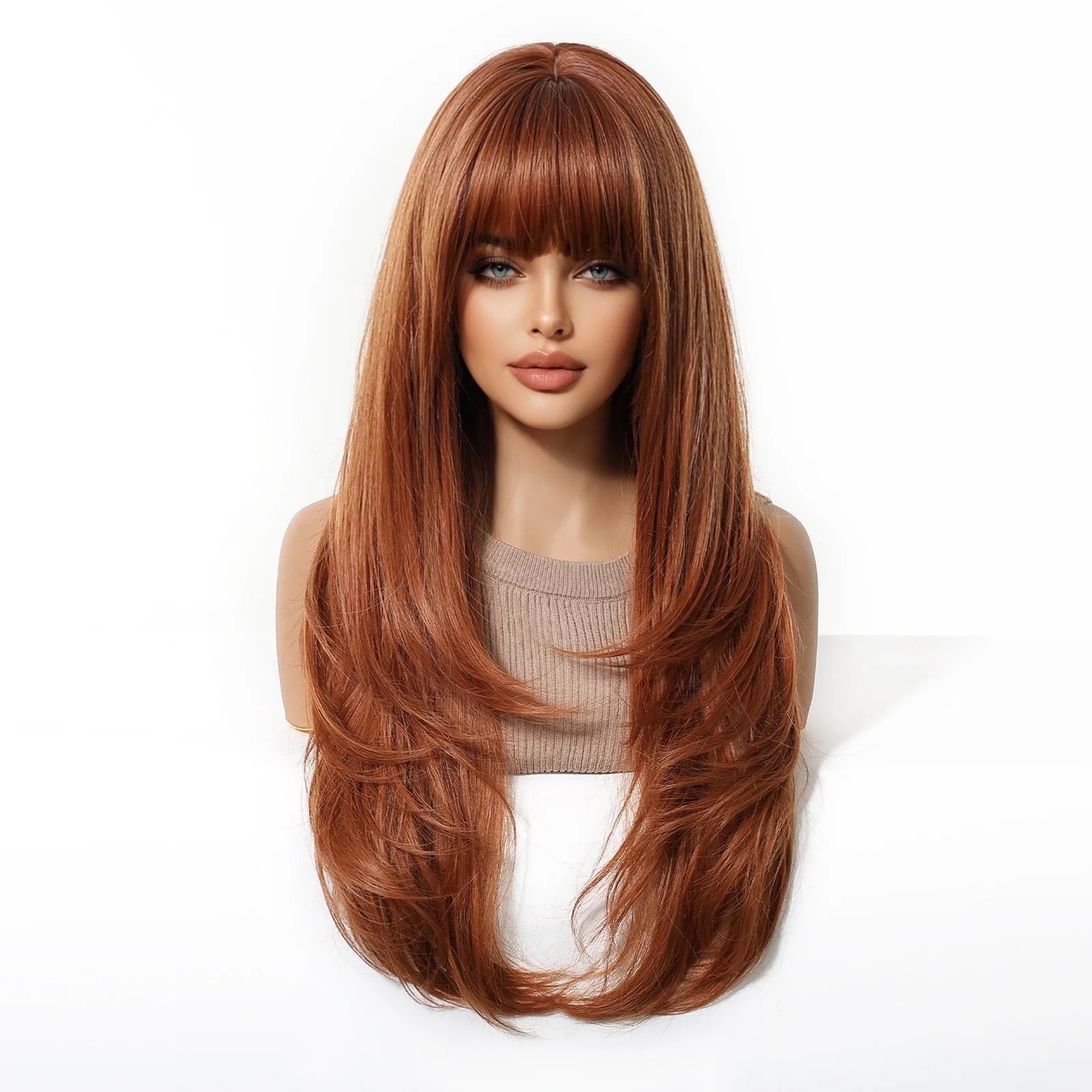 Long Copper Brown Synthetic Curly Wig for Women Auburn Hair Style Wigs with Bangs Layered Straight Hair Natural Daily Heat Resistant