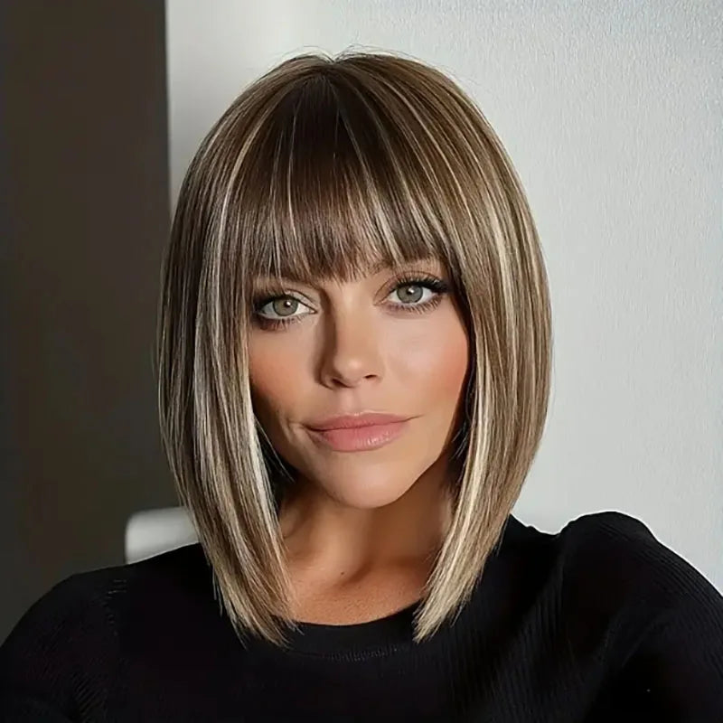 Highlight-Blended Brown Short Bob Cut Wig with Straight Bangs (Synthetic Fiber) - Perfect for Women's Hair Wigs Daily Wear, Parties, Celeb