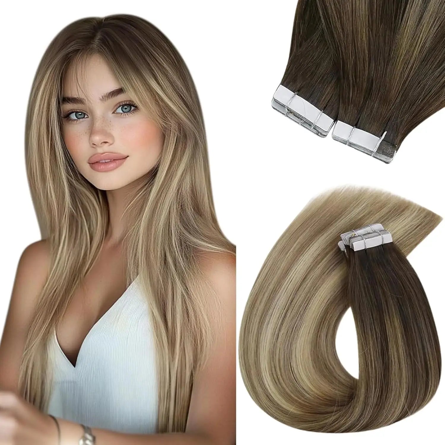 [NEW]VeSunny Tape In Hair Extensions and Accessories Human Hair Wigs Real Natural Hair Balayage Color #4-14-60 Skin Weft Straight Seamless Wig