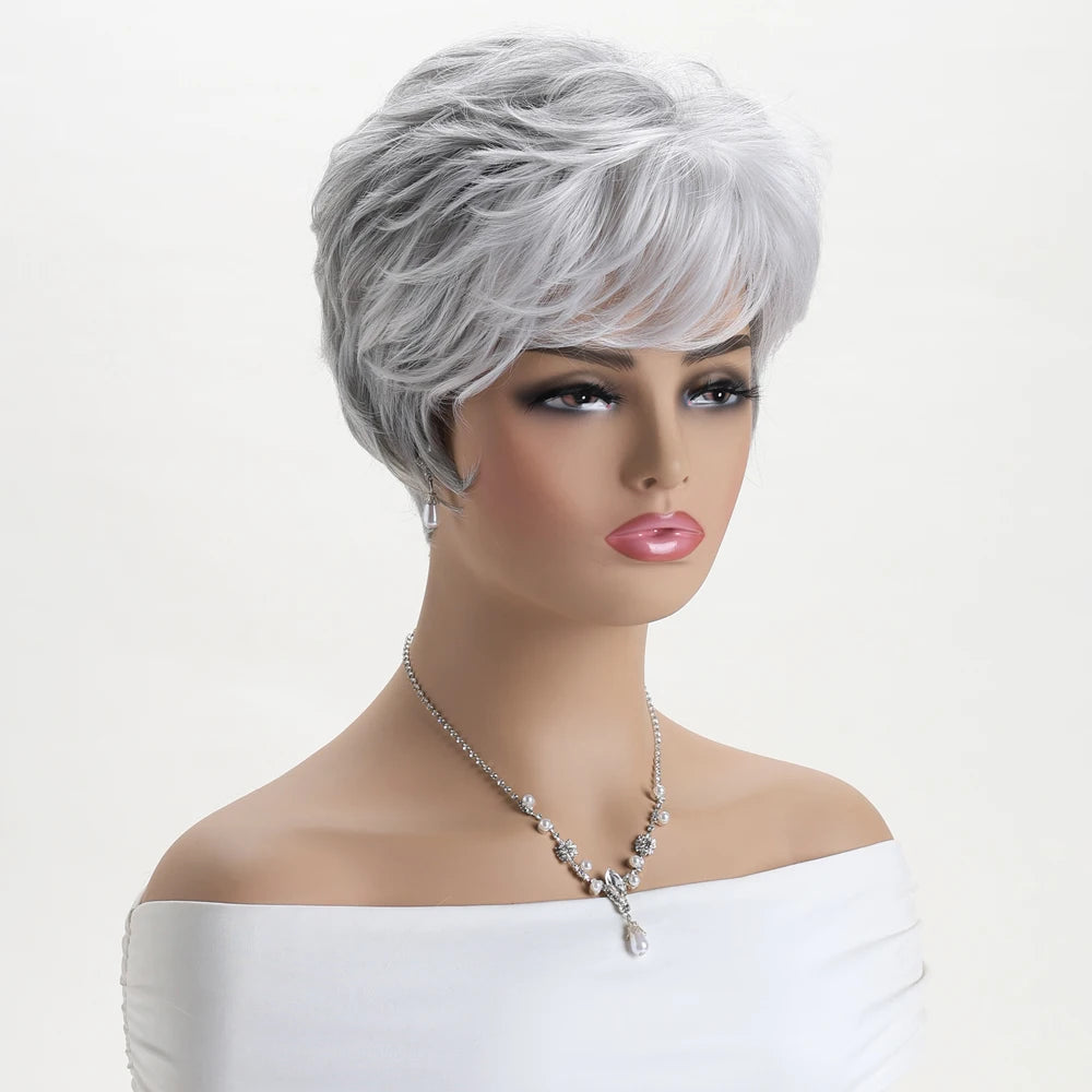 Short Natural Wigs with Bangs Soft Mommy Hair Daily Use Short  Grey Ombre Curly Synthetic Hair Costume Party Wig for Women