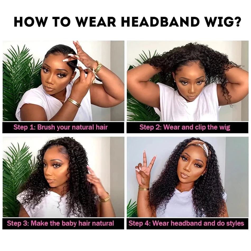 Jerry Curly Headband Human Hair Wig Brazilian Virgin Hair Perfect Natural Afro Look No Lace Needed 250% Scarf Machine Made Wig