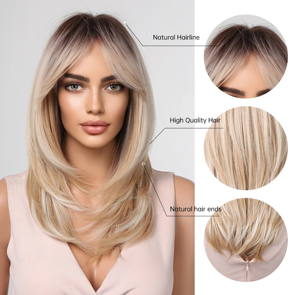 ALAN EATON Long Blonde Wig for Women Synthetic Hair Wigs with Fringe Ombre Color with Dark Roots Layered We Heat Resistant Hair Style